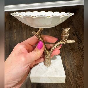 Vintage 1960s Italian Carrara Marble Base Brass Owl Trinket Dish Jewelry Holder
